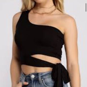 Windsor Black One Shoulder Tie Waist Crop Top Size Small
